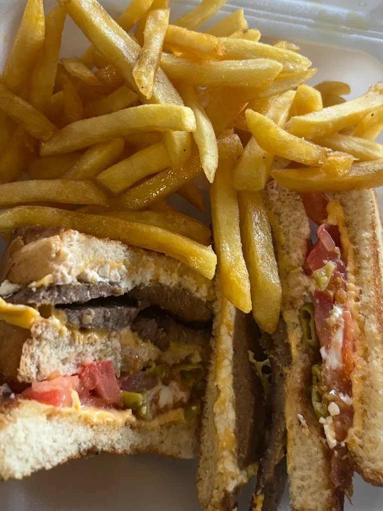 A hot sandwich cut in halves with a large portion of french fries